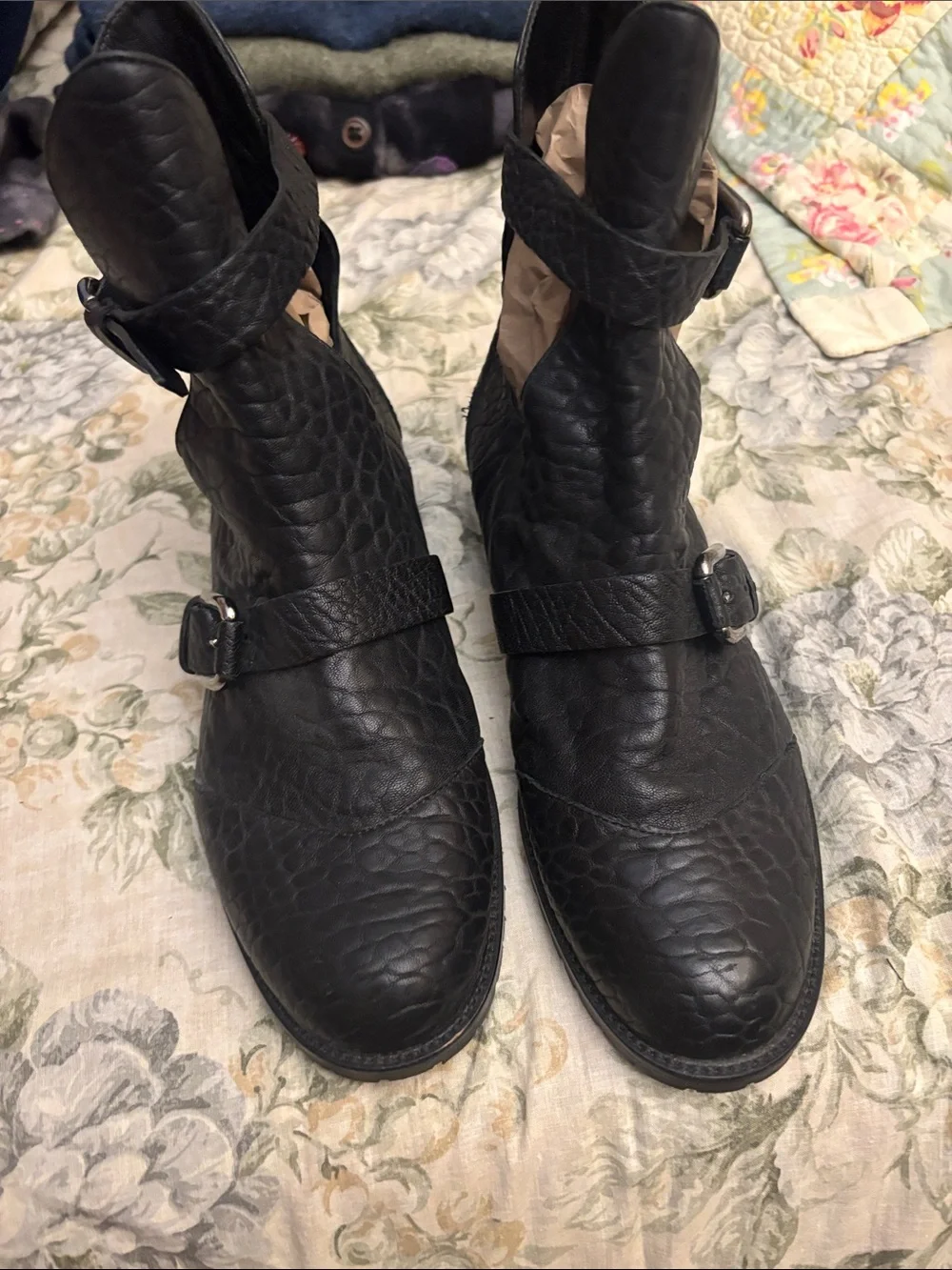 Philosophy Black Textured Leather Buckle Ankle Boots
